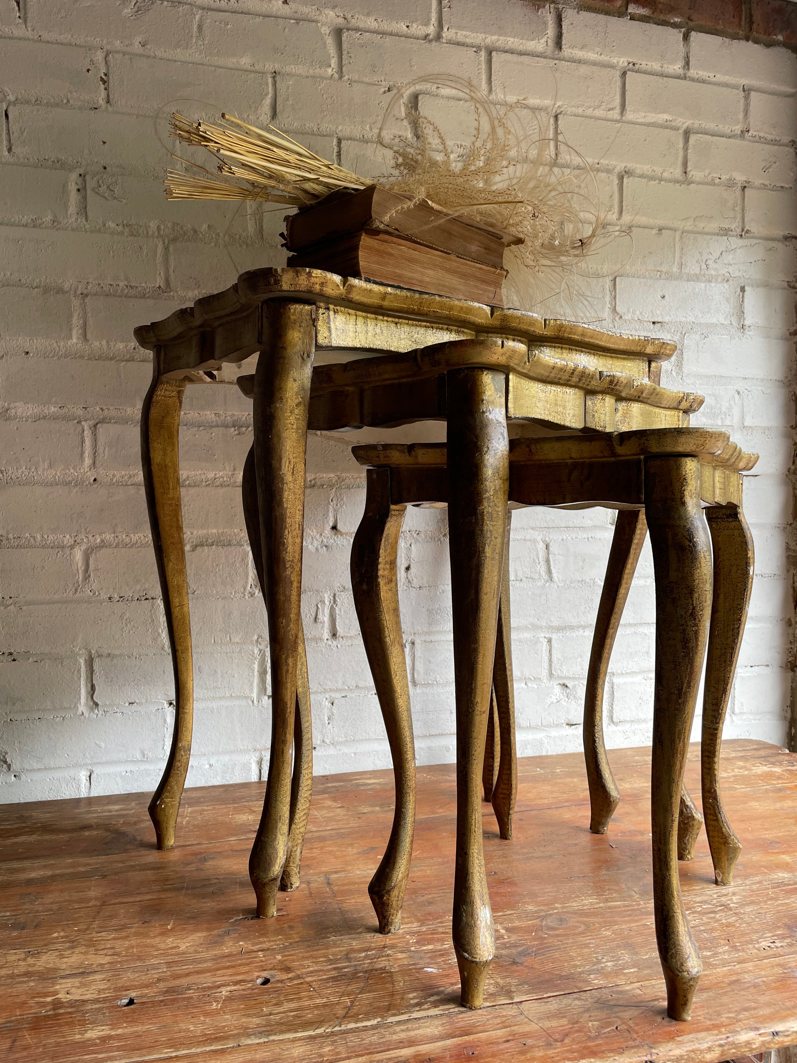 Nest of Three Side Tables: Florentine Gilt and hint of Blue