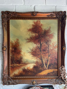 Autumn Treescape: Large Antique Oil on Canvas with Gilt Frame