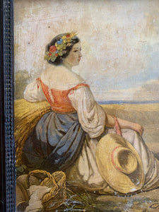 Lady with Straw Hat: Little framed Antique Print