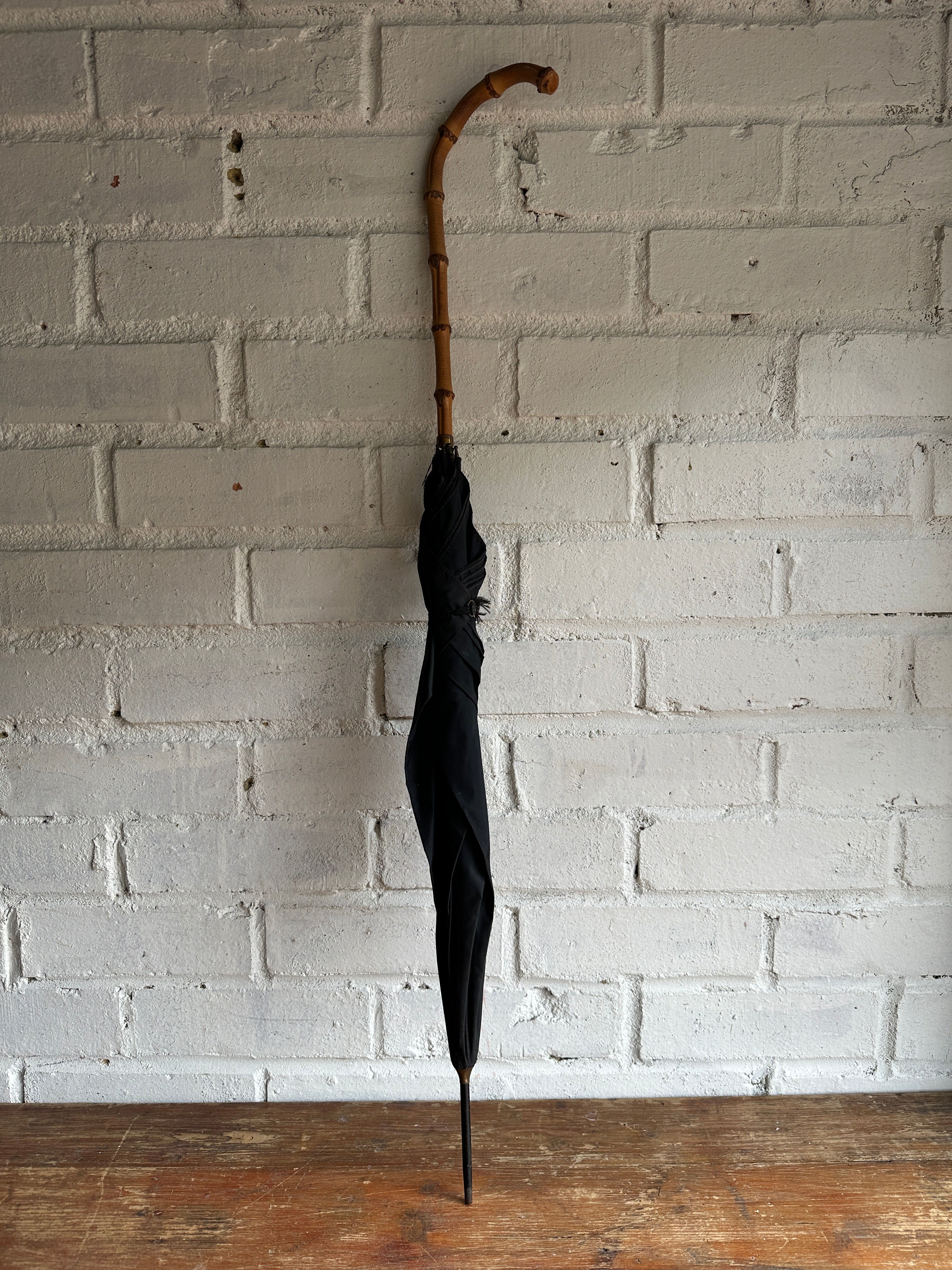 1940s Black Umbrella with Bamboo Handle