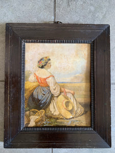 Lady with Straw Hat: Little framed Antique Print