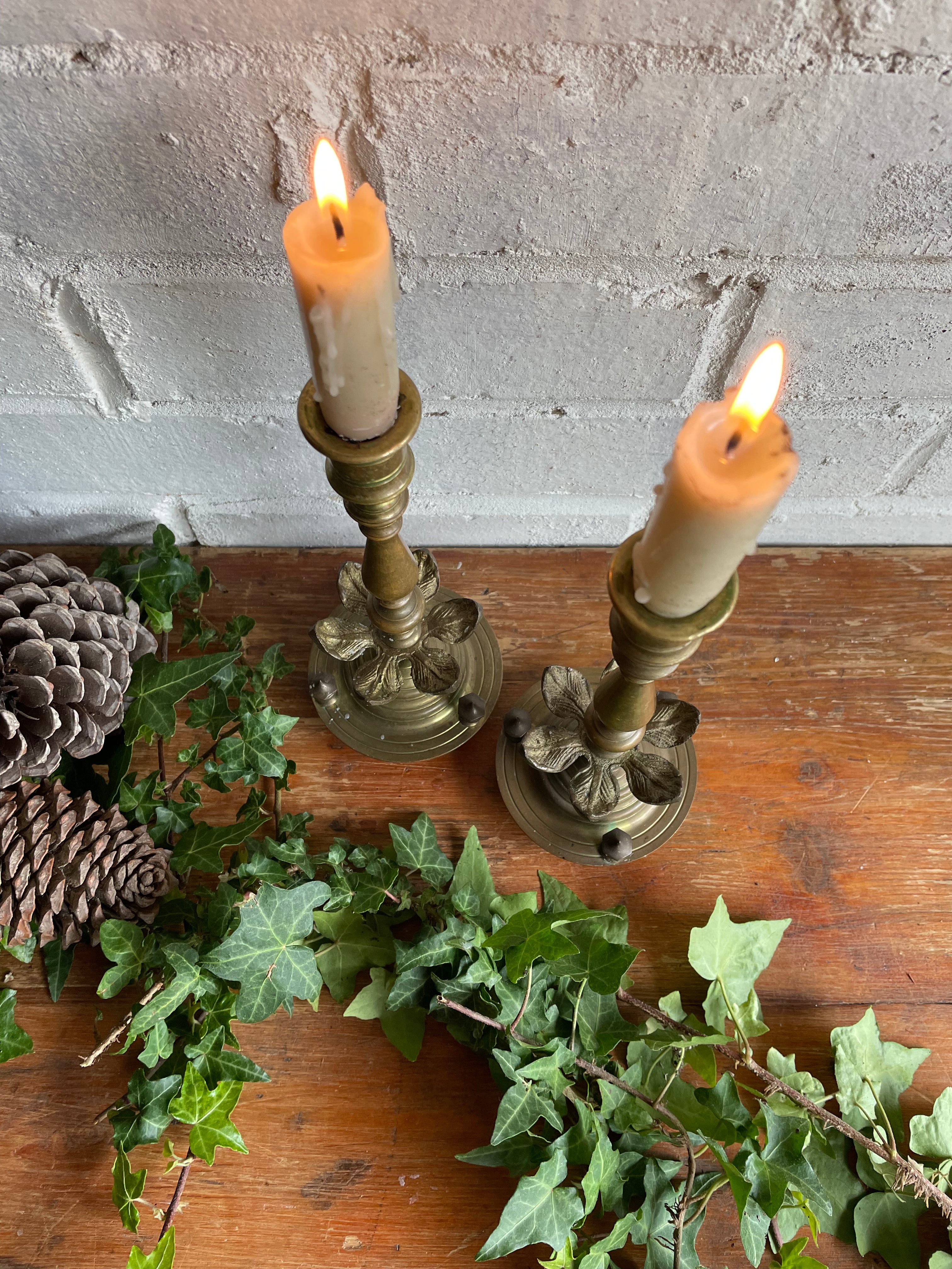 Pair of Decorative Floral Brass Candlesticks