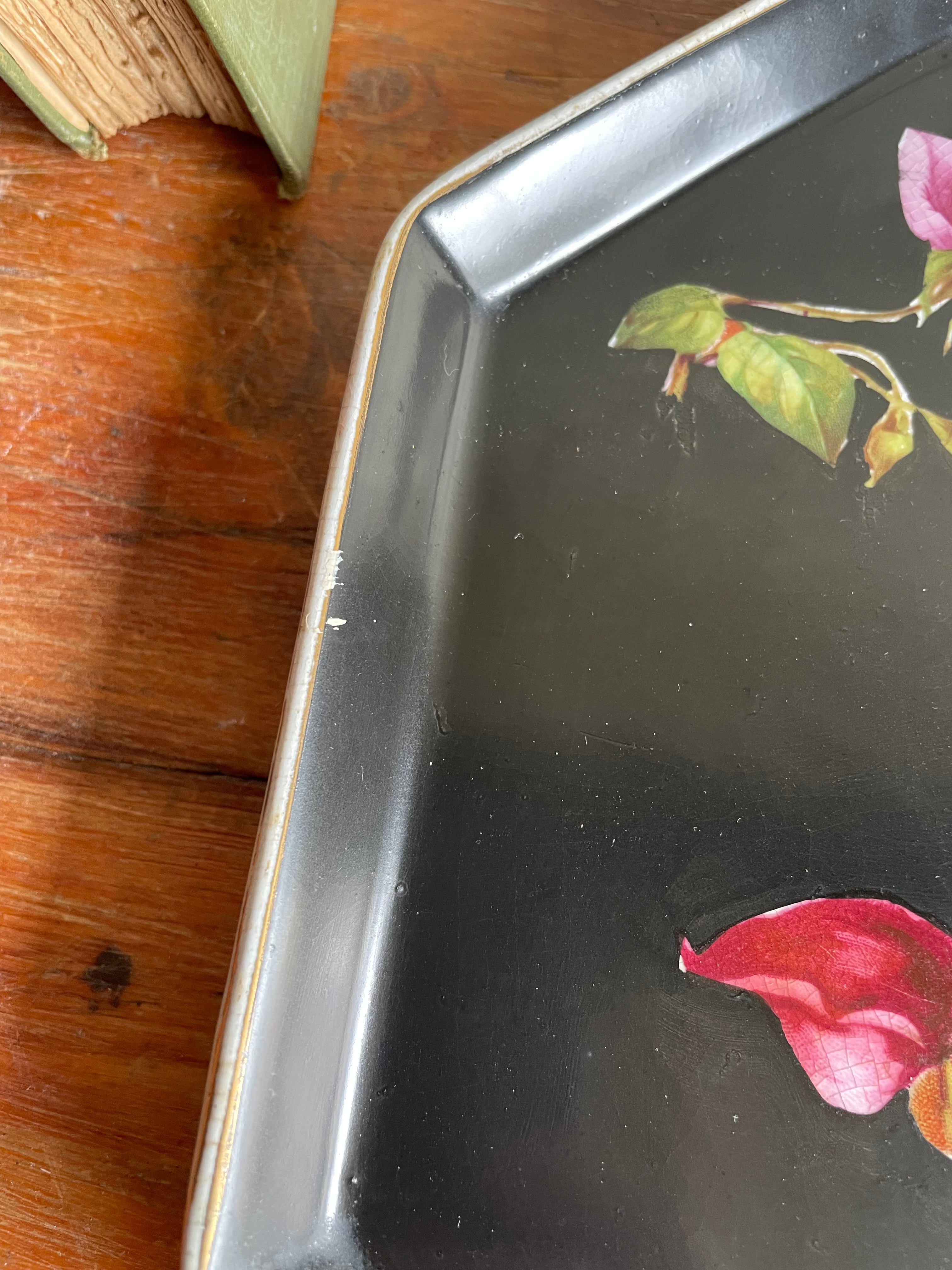 Crown Ducal Pottery Tray with Pink Roses on Black